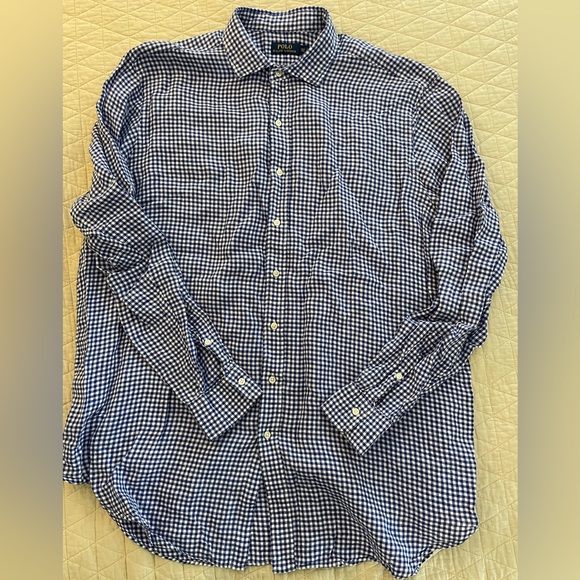 POLO RALPH LAUREN Small Gingham Check Linen Sport Shirt in Blue Size 2XLT $125 - Picture 2 of 6